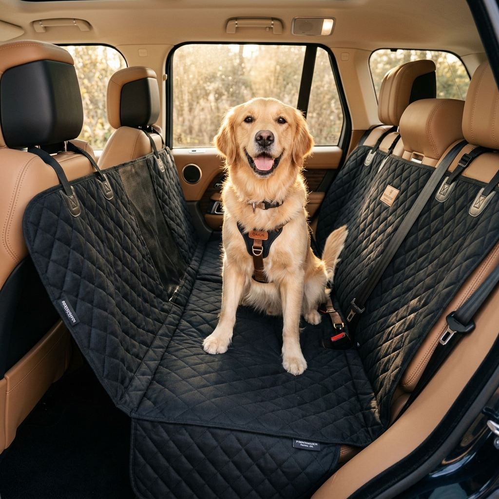 Happy Golden Retriever on Kenzen Pet Car Mat